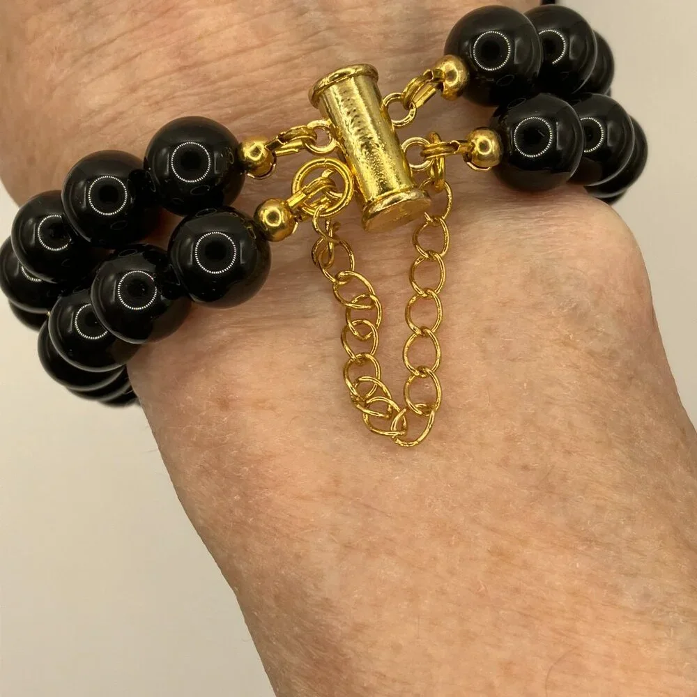 Tiger Eye Cubic Zirconia + Black Agate Gemstone 2-strand Bracelet Brand New